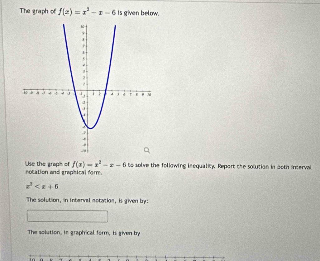 The graph of f(x)=x^2-x-6 is given below.
Use the graph of f(x)=x^2-x-6 to solve the following inequality. Report the solution in both interval
notation and graphical form.
x^2
The solution, in interval notation, is given by:
The solution, in graphical form, is given by
。 7 ^ ^