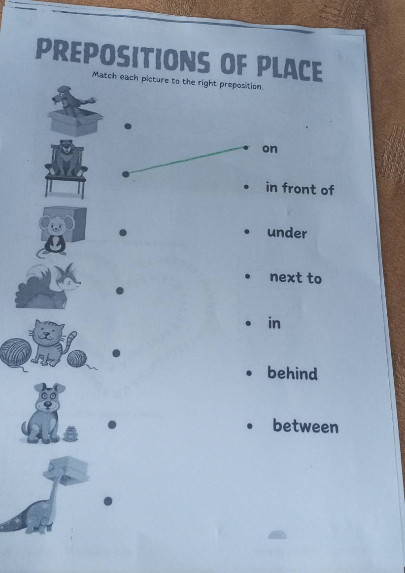 PREPOSITIONS OF PLACE
Match each picture to the right preposition.
on
in front of
under
next to
in
behind
between