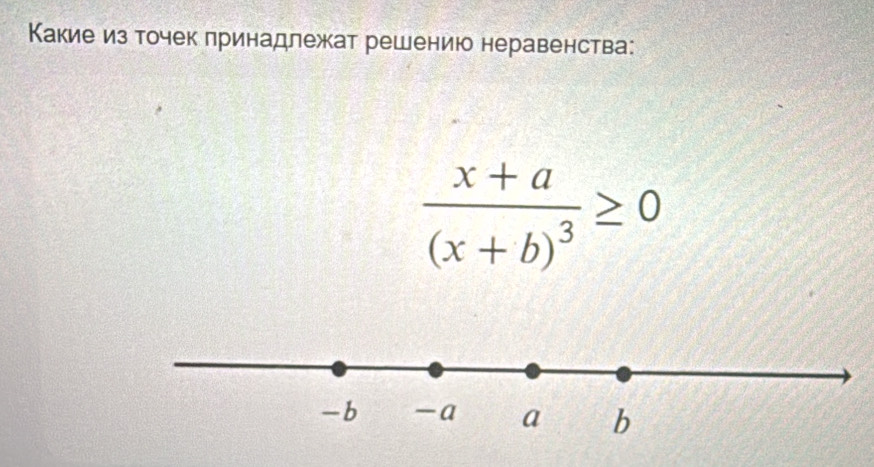 Какие из точек лринадлежкат решению неравенства:
frac x+a(x+b)^3≥ 0