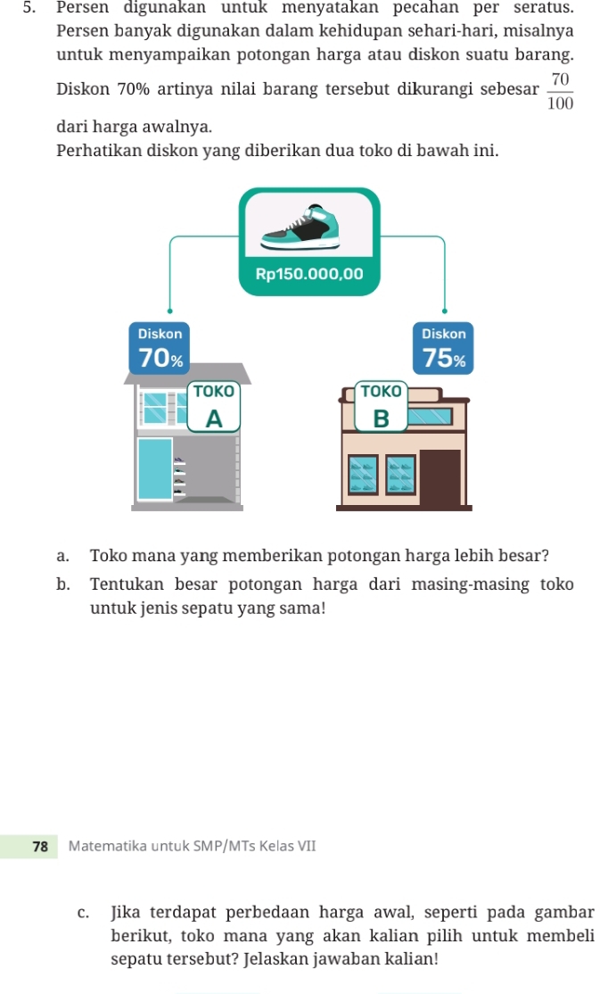 Persen digunakan untuk menyatakan pecahan per seratus. 
Persen banyak digunakan dalam kehidupan sehari-hari, misalnya 
untuk menyampaikan potongan harga atau diskon suatu barang. 
Diskon 70% artinya nilai barang tersebut dikurangi sebesar  70/100 
dari harga awalnya. 
Perhatikan diskon yang diberikan dua toko di bawah ini. 
a. Toko mana yang memberikan potongan harga lebih besar? 
b. Tentukan besar potongan harga dari masing-masing toko 
untuk jenis sepatu yang sama! 
78 Matematika untuk SMP/MTs Kelas VII 
c. Jika terdapat perbedaan harga awal, seperti pada gambar 
berikut, toko mana yang akan kalian pilih untuk membeli 
sepatu tersebut? Jelaskan jawaban kalian!