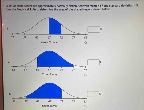 A set of exam scores are approximately normally distributed with mean =67 and standard deviation =5. 
Use the Empirical Rule to determine the area of the shaded regions shown below.
%
%
%