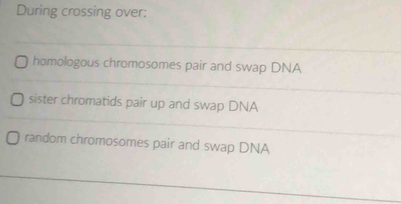 Solved: During crossing over: __ _ _ homologous chromosomes pair and ...