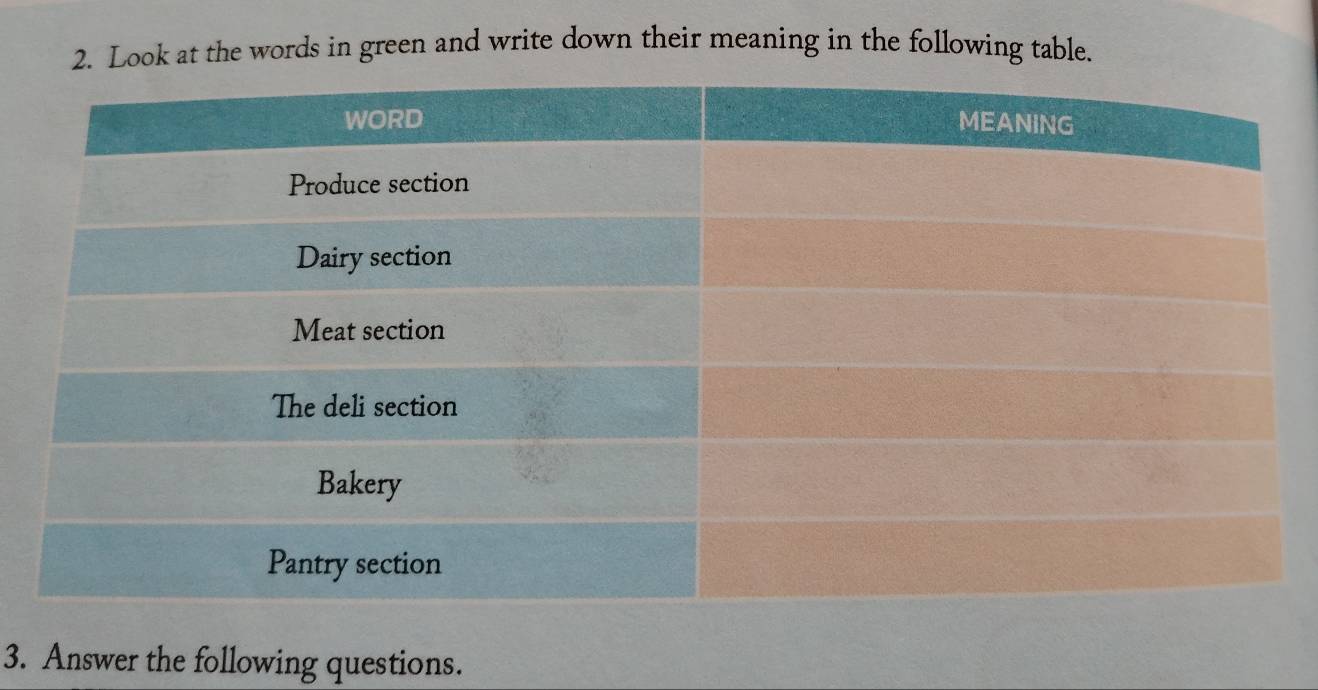 Look at the words in green and write down their meaning in the following table. 
3. Answer the following questions.