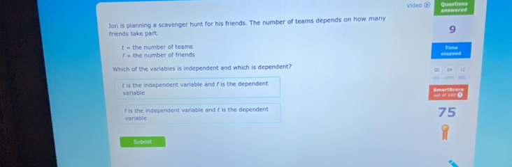 Video ⑥ Questions
Jon is planning a scavenger hunt for his friends. The number of teams depends on how many answered
friends take part.
9
t= the number of teams
f= the number of friends elapsed Time
Which of the variables is independent and which is dependent?
χ D4 (2
t is the independent variable and f is the dependent
variable out of 100 ( SmartScore
f is the independent variable and t is the dependent
variable
75
Submit