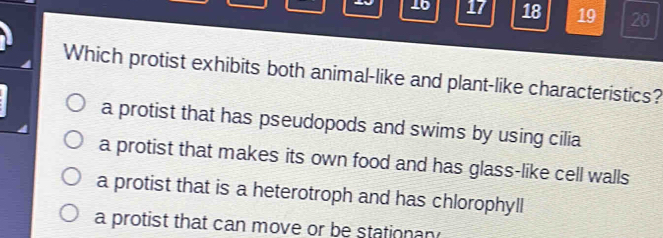 16 17 18 19 20
Which protist exhibits both animal-like and plant-like characteristics?
a protist that has pseudopods and swims by using cilia
a protist that makes its own food and has glass-like cell walls
a protist that is a heterotroph and has chlorophyll
a protist that can move or be stationan