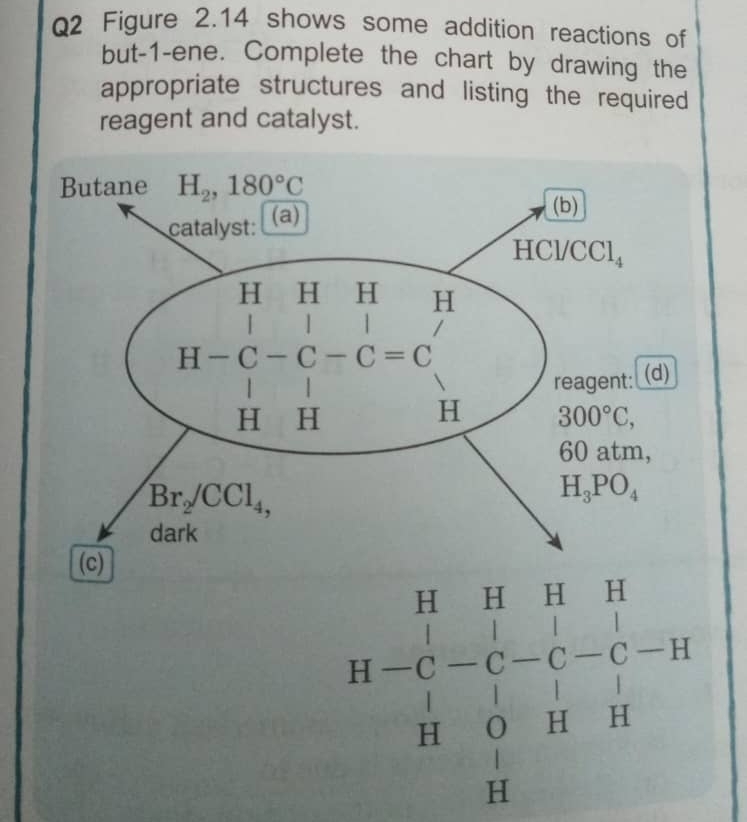 Figure 2.14 shows some addition reactions of
but-1-ene. Complete the chart by drawing the
appropriate structures and listing the required
reagent and catalyst.
H=frac (prodlimits _i=1)^(13)- 11/i - 11/i -111-H-H Hendarray 