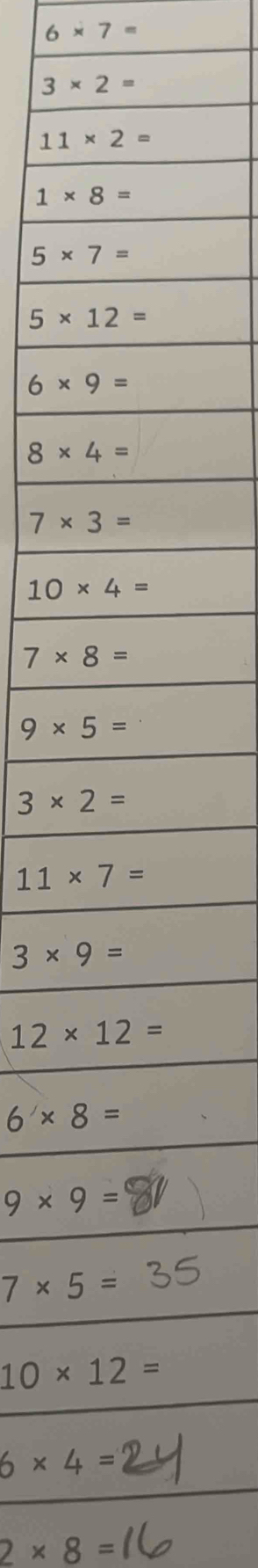 6* 7=
6* 9=
8* 4=
7* 8=
9* 5=
3* 2=
3* 9=
6* 8=
9* 9=
7* 5=
6* 4=
2* 8=