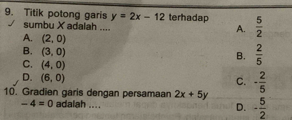 Titik potong garis y=2x-12 terhadap  5/2 
sumbu X adalah ....
A.
A. (2,0)
B. (3,0)
B.  2/5 
C. (4,0)
D. (6,0)
C. - 2/5 
10. Gradien garis dengan persamaan 2x+5y
-4=0 adalah .... D. - 5/2 