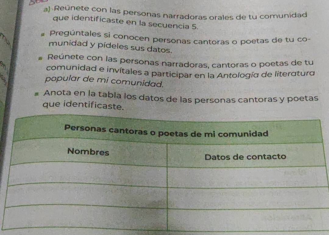 Reúnete con las personas narradoras orales de tu comunídad 
que identificaste en la secuencia 5. 
2 * Pregúntales si conocen personas cantoras o poetas de tu co- 
munidad y pídeles sus datos. 
C Reúnete con las personas narradoras, cantoras o poetas de tu 
an 
comunidad e invítales a participar en la Antología de literatura 
a 
popular de mi comunidad. 
Anota en la tabla los datos de las personas cantoras y poetas 
que identificaste.