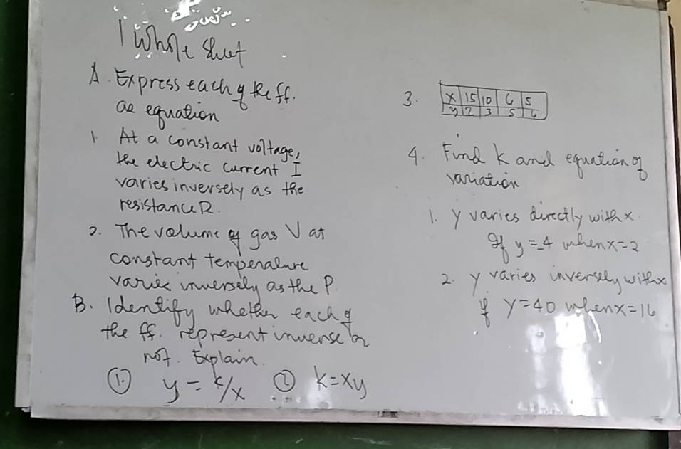 Wha'e sut 
A. Expresseachy Rff. 
3. 
ae equation 
1 At a constant voltage, 
4. Find k and eqaationo 
the dlectic current I vamation 
varies inversely as the 
resistamuR. 
1. yvaries dircily with x
2. Thevelume of gas Vat when x=2
y=-4
constant temperalure 
vauee unversely as the P 2. yvaries inversely withx 
B. Identify mhethe each
y=40 when x=16
the ff. represent inversea 
not. xplain
y=k/x k=xy