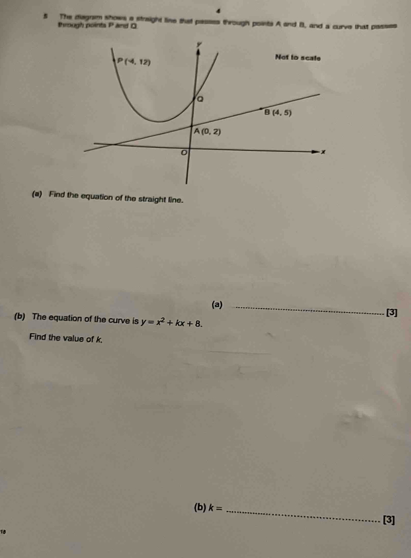 4
5 The diegram shows a straight line that passes through points A and B, and a curve that passes
Prough points P and 0
(a) Find the equation of the straight line.
(a)_
[3]
(b) The equation of the curve is y=x^2+kx+8.
Find the value of k.
(b) k= _
[3]