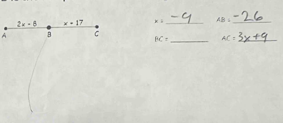 2x-6 x-17
x= _
AB= _ 
A
B
C
BC= _ 
_ AC=