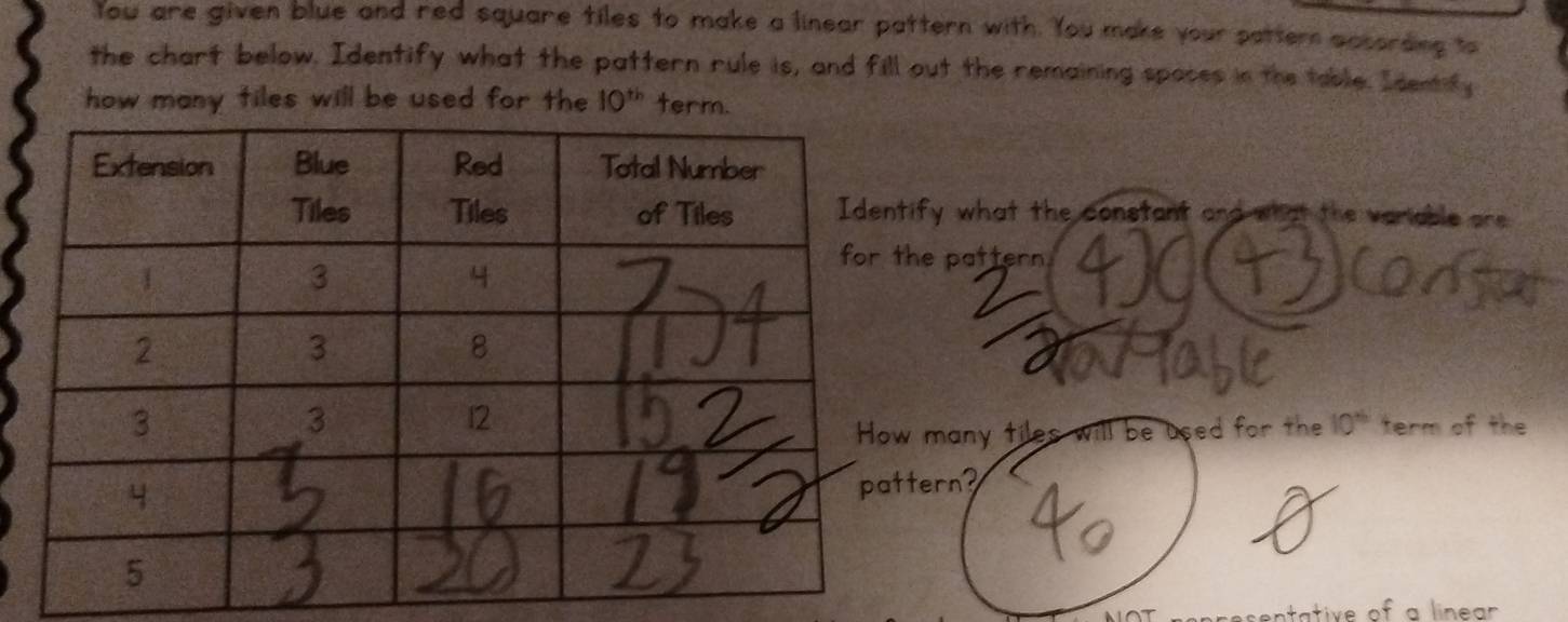 tou are given blue and red square tiles to make a linear pattern with. You make your pattern aasording to 
the chart below. Identify what the pattern rule is, and fill out the remaining spaces in the table. Identify 
how many tiles will be used for the 10^(th) term. 
fy what the constant and what the veriable are 
e pattern 
term of the 
many tiles will be used for the 10^(th)
ern? 
ntative of a linear .