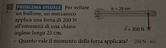 PROBLEMA VISUALE Per svitare
un bullone, un meccanico
applica una forza di 200 N
all'estremità di una chiave
inglese lunga 25 cm.
Quanto vale il momento della forza applicata? [50N· m]