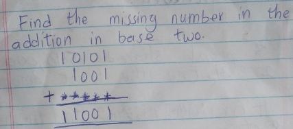 Find the missing number in the 
addition in base two.
beginarrayr 10101 1001 +002+ hline 11001endarray