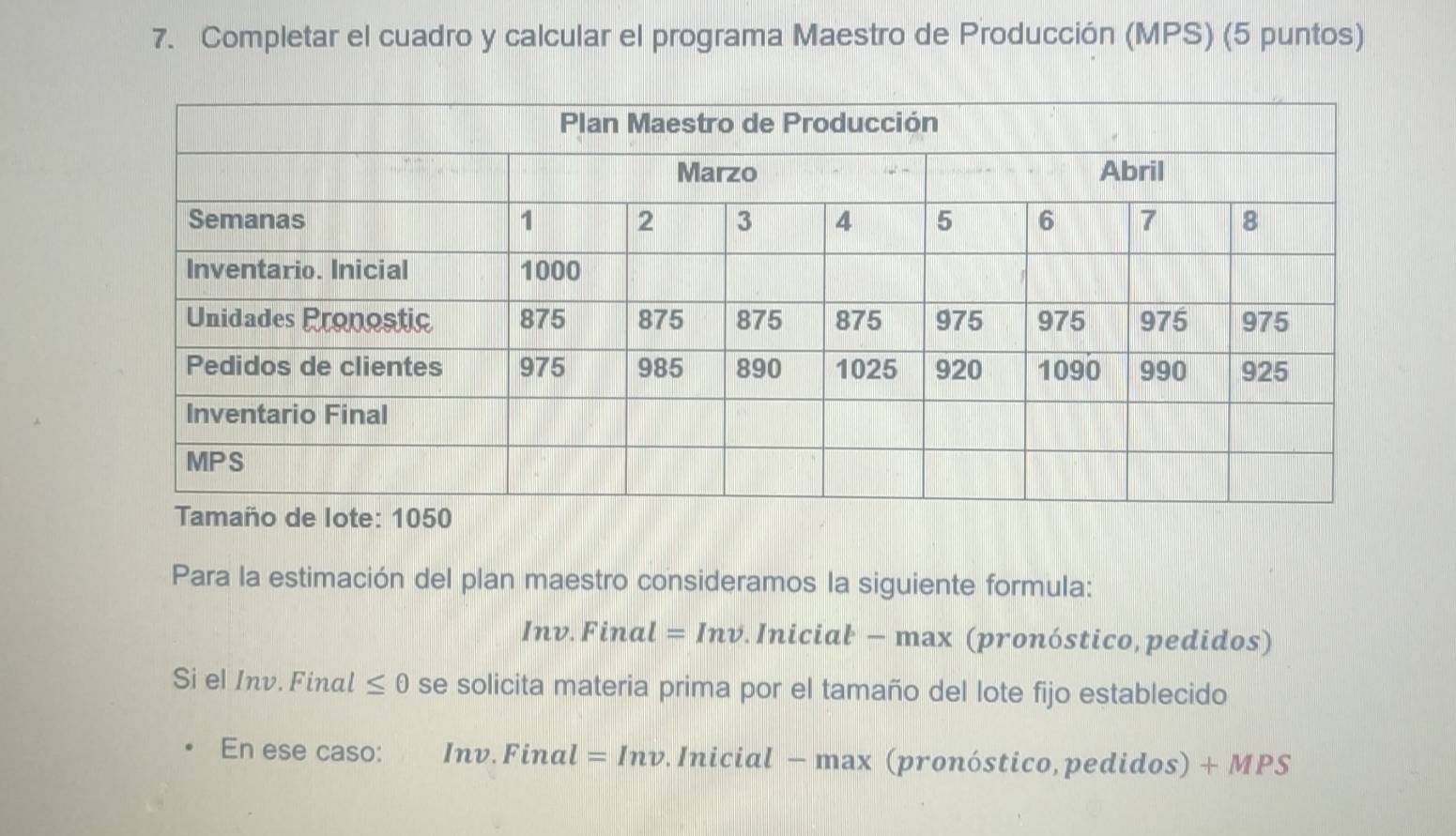 Completar el cuadro y calcular el programa Maestro de Producción (MPS) (5 puntos) 
Para la estimación del plan maestro consideramos la siguiente formula: 
Inv. Final = Inv. Inicial - max (pronóstico,pedidos) 
Si el Inv. Final ≤ θ se solicita materia prima por el tamaño del lote fijo establecido 
En ese caso: Inv. Final =Inv . Inicial - m ax (pronóstico, pedidos) + MPS