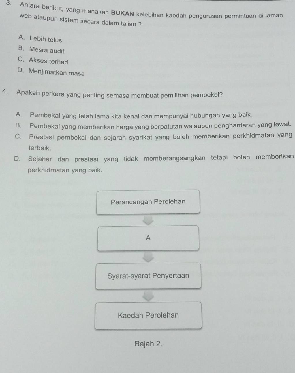 Antara berikut, yang manakah BUKAN kelebihan kaedah pengurusan permintaan di laman
web ataupun sistem secara dalam talian ?
A. Lebih telus
B. Mesra audit
C. Akses terhad
D. Menjimatkan masa
4. Apakah perkara yang penting semasa membuat pemilihan pembekel?
A. Pembekal yang telah lama kita kenal dan mempunyai hubungan yang baik.
B. Pembekal yang memberikan harga yang berpatutan walaupun penghantaran yang lewat.
C. Prestasi pembekal dan sejarah syarikat yang boleh memberikan perkhidmatan yang
terbaik.
D. Sejahar dan prestasi yang tidak memberangsangkan tetapi boleh memberikan
perkhidmatan yang baik.
Perancangan Perolehan
A
Syarat-syarat Penyertaan
Kaedah Perolehan
Rajah 2.