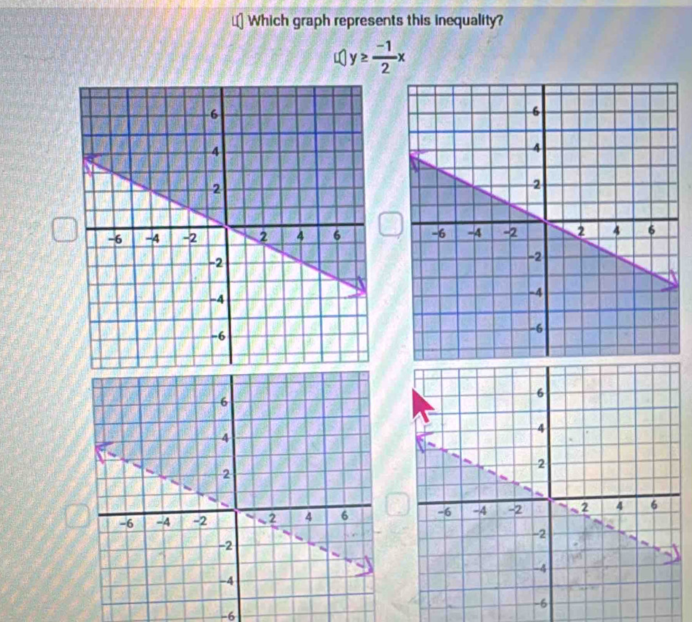 Which graph represents this inequality?
y≥  (-1)/2 x

-6