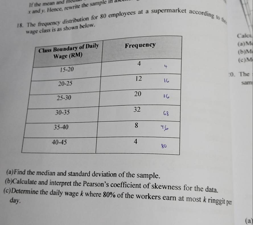 If the mean and meu
x and y. Hence, rewrite the sample in 
18. The frequency distribution for 80 employees at a supermarket according to the 
lass is as shown below. 
Calcú 
(a) M
(b) M
(c) M
0.The 
sam 
(a)Find the median and standard deviation of the sample. 
(b)Calculate and interpret the Pearson’s coefficient of skewness for the data. 
(c)Determine the daily wage k where 80% of the workers earn at most k ringgit per 
day. 
(a)