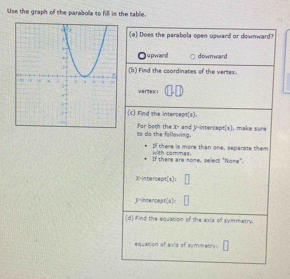 Use the graph of the parabola to fill in the table.
(a) Does the parabola open upward or downward?
upward downward
(b) Find the coordinates of the vertex.
vertex: (□ ,□ )
(c) Find the intercept(s).
For both the X - and y-intercept(s), make sure
to do the following.
If there is more than one, separate them
with commas.
If there are none, select "None".
X-intercept(s): □
V -intercept(s): □
(d) Find the equation of the axis of symmetry.
equation of axis of symmetry: □