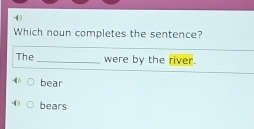 ( 3
Which noun completes the sentence?
The _were by the river.
bear
bears