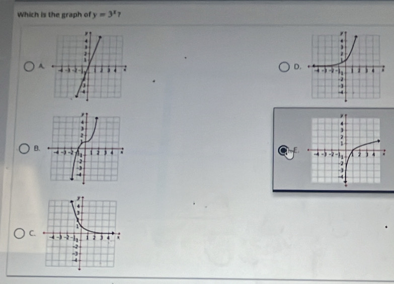 Which is the graph of y=3^x
D. 
A 
B. 
mE 

C.