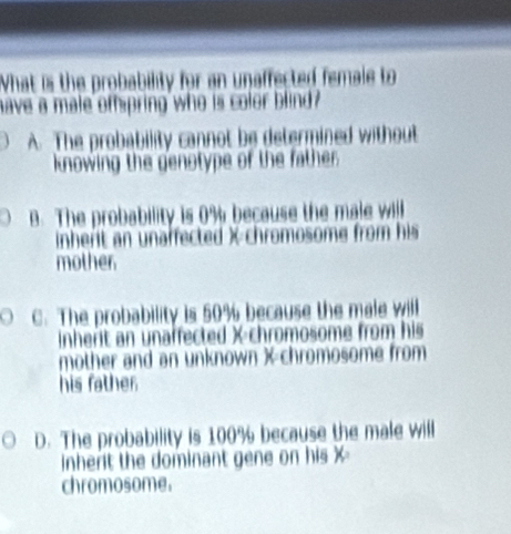 What is the probability for an unaffected female to
have a male of spring who is color blind ?
A. The probability cannot be determined without
knowing the genotype of the father
B. The probability is 0% because the male will
inherit an unaffected X chromosome from his 
mother
C. The probability is 50% because the male will
Inherit an unaffected X chromosome from his
mother and an unknown X chromosome from
his father
D. The probability is 100% because the male will
inherit the dominant gene on his X
chromosome.