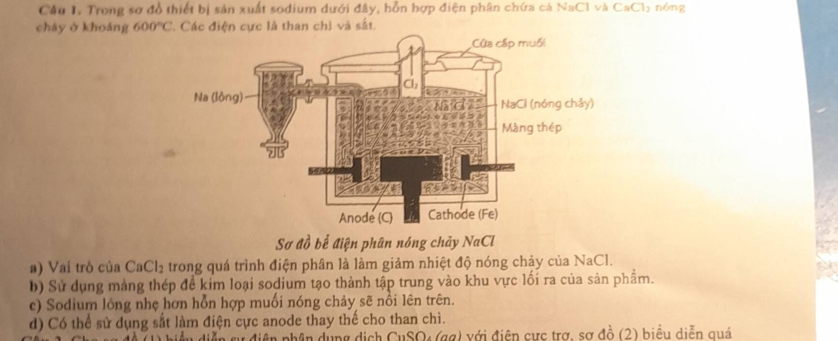 Cầu 1, Trong sơ đồ thiết bị sản xuất sodium dưới đây, hỗn hợp điện phân chứa cá NaCl và CaCl_2 nóng 
cháy ở khoáng 600°C * Các điện cực là than chi và sắt. 
Sơ đồ bể điện phân nóng chảy NaCl 
#) Vai trò của CaCl₂ trong quá trình điện phân là làm giảm nhiệt độ nóng chảy của NaCl. 
b) Sử dụng mảng thép để kim loại sodium tạo thành tập trung vào khu vực lối ra của sản phẩm. 
c) Sodium lóng nhẹ hơn hỗn hợp muối nóng chảy sẽ nổi lên trên. 
d) Có thể sử dụng sắt làm điện cực anode thay thế cho than chì. 
siên sự điện nhân dụng dịch CuSO₄ (gg) với điên cực trợ, sơ đồ (2) biểu diễn quá