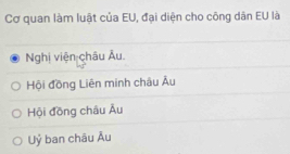 Cơ quan làm luật của EU, đại diện cho công dân EU là
Nghị viện châu Âu.
Hội đồng Liên minh châu Âu
Hội đồng châu Âu
Uỷ ban châu Âu