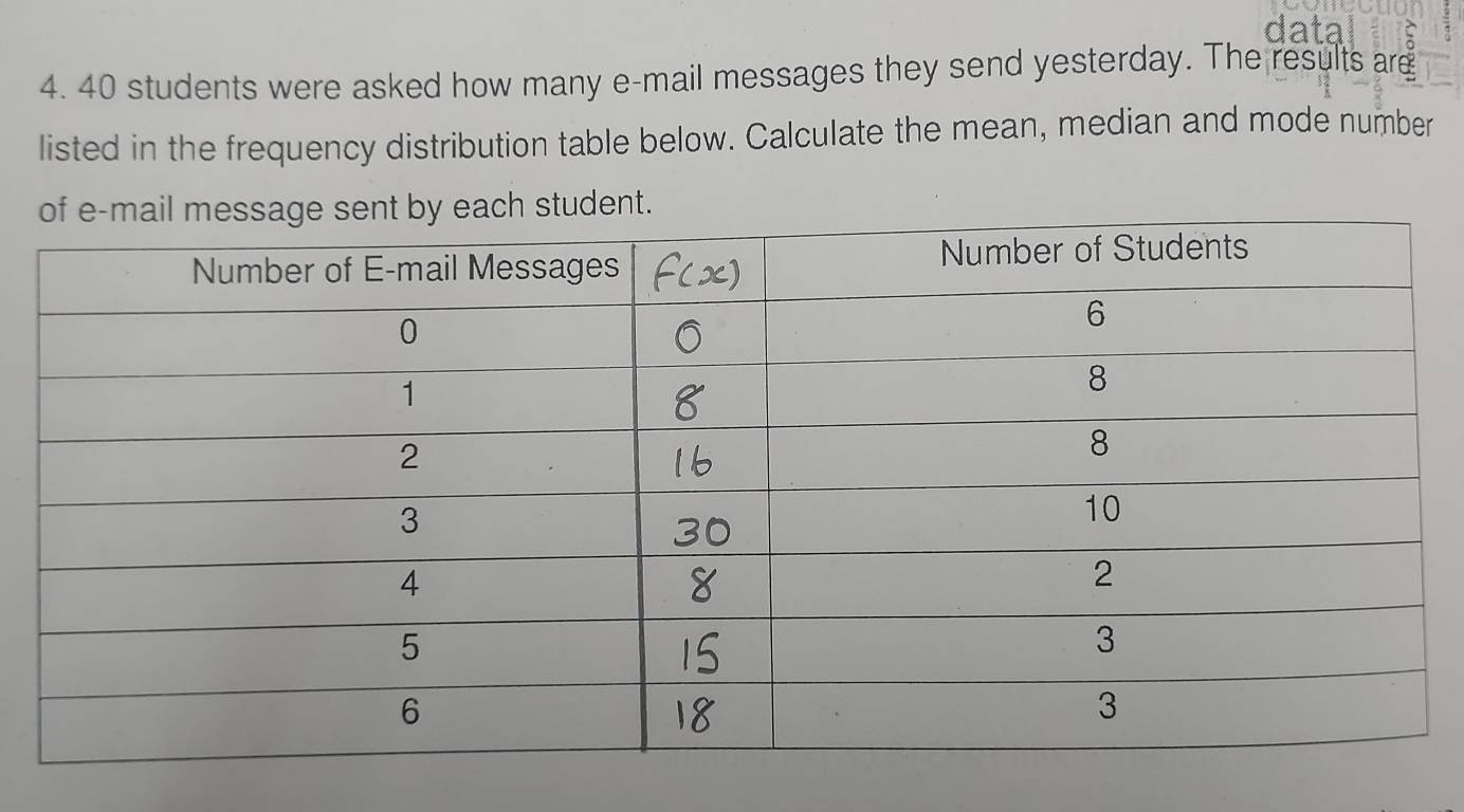 data 
4. 40 students were asked how many e-mail messages they send yesterday. The results are 
listed in the frequency distribution table below. Calculate the mean, median and mode number 
student.