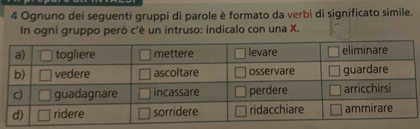 Ognuno dei seguenti gruppi di parole è formato da verbi di significato simile.
In ogni gruppo però c'è un intruso: indicalo con una X.