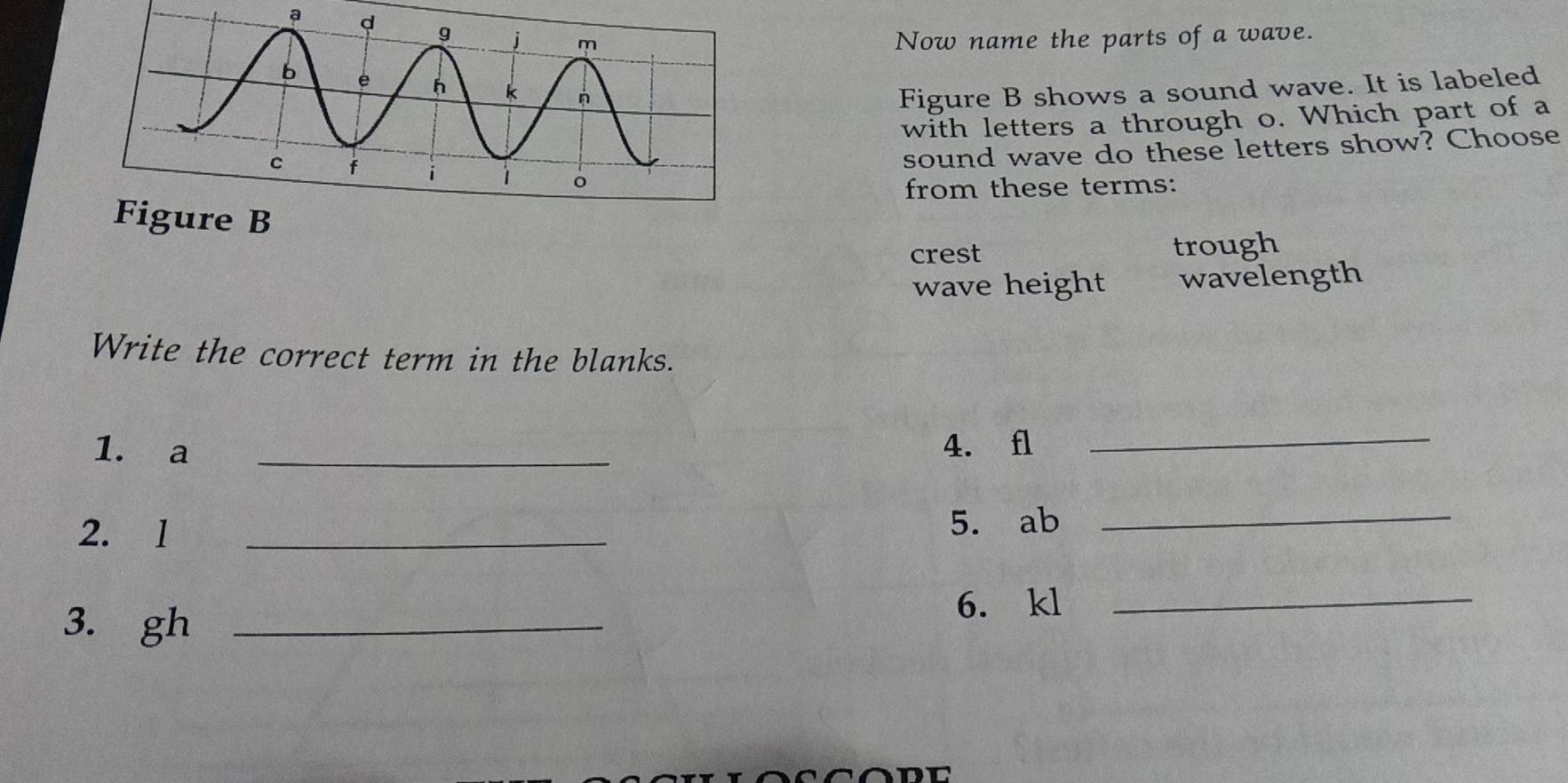 a 
Now name the parts of a wave.
Figure B shows a sound wave. It is labeled
with letters a through o. Which part of a
sound wave do these letters show? Choose
from these terms:
crest trough
wave height wavelength
Write the correct term in the blanks.
1. a _4. fl
_
2. l _5. ab
_
3. gh _6. kl _
nr