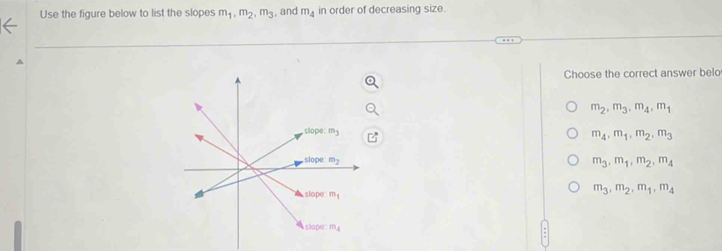 Use the figure below to list the slopes m_1,m_2,m_3 , and m_4 in order of decreasing size.
Choose the correct answer belo
m_2,m_3,m_4,m_1
m_4,m_1,m_2,m_3
m_3,m_1,m_2,m_4
m_3,m_2,m_1,m_4