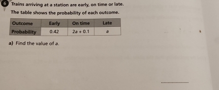 Trains arriving at a station are early, on time or late.
The table shows the probability of each outcome.
a) Find the value of a
_