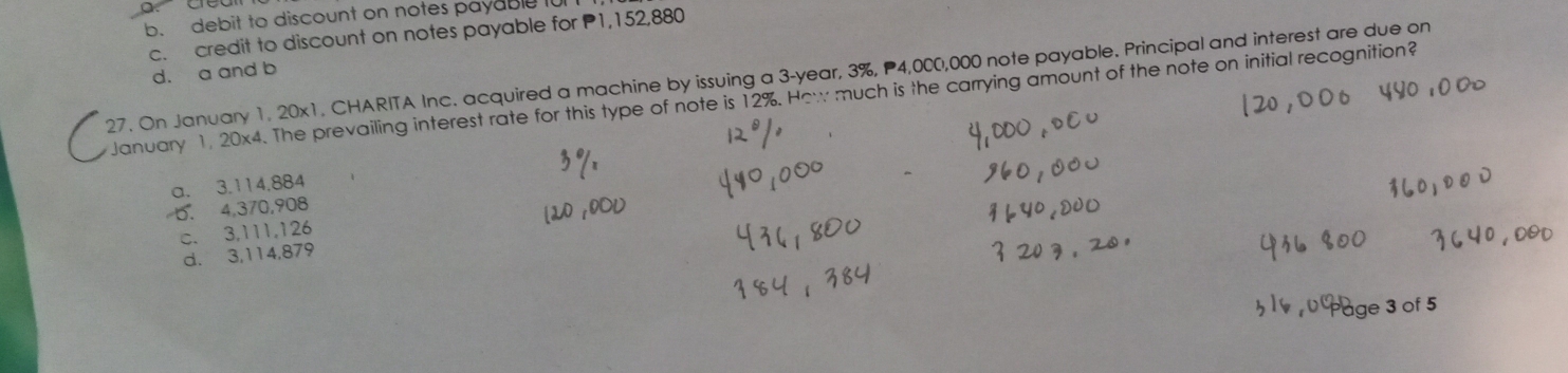 b. debit to discount on notes payable i
c. credit to discount on notes payable for P1,152,880
27. On January 1, 20x1, CHARITA Inc. acquired a machine by issuing a 3-year, 3%, P4,000,000 note payable. Principal and interest are due on d. a and b
January 1, 20x4. The prevailing interest rate for this type of note is 12%. How much is the carrying amount of the note on initial recognition?
a. 3.114.884
b. 4,370,908
c. 3,111,126
d. 3,114,879