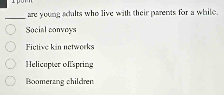 are young adults who live with their parents for a while.
Social convoys
Fictive kin networks
Helicopter offspring
Boomerang children