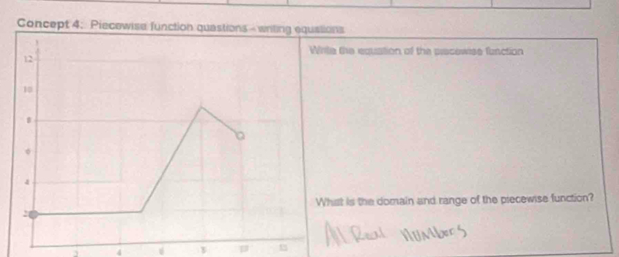 Concept 4: Piecewise function quastions - writing equations 
While the equation of the precewise function
12
10
B 
b
4
What is the domain and range of the piecewise function?
2
4