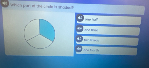 Which part of the circle is shaded?
one half
one third
two thirds
one fourth