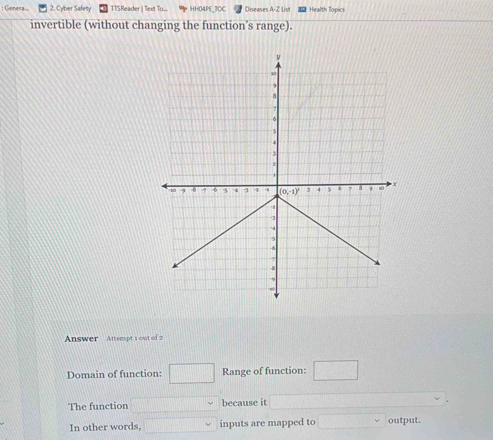 Genera... 2. Cyber Safety TTSReader | Text To... HH04PE_TOC Diseases A-Z List Health Topics
invertible (without changing the function’s range).
Answer Attempt 1 out of 2
Domain of function: Range of function:
The function because it
In other words, inputs are mapped to output.