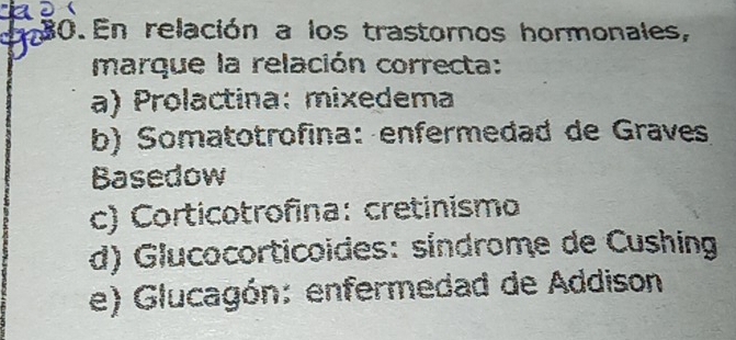 a
0. En relación a los trastornos hormonales,
marque la relación correcta:
a) Prolactina: mixedema
b) Somatotrofina: enfermedad de Graves
Basedow
c) Corticotrofina: cretinismo
d) Glucocorticoides: síndrome de Cushing
e) Glucagón: enfermedad de Addison