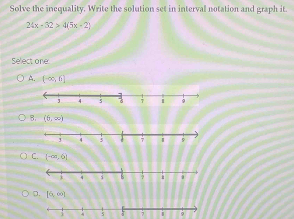 Solve the inequality. Write the solution set in interval notation and graph it.
24x-32>4(5x-2)
Select one:
A. (-∈fty ,6]
B. (6,∈fty )
C. (-∈fty ,6)
D. [6,∈fty )