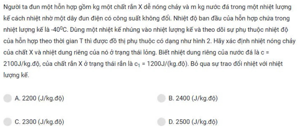 Người ta đun một hỗn hợp gồm kg một chất rắn X dễ nóng chảy và m kg nước đá trong một nhiệt lượng
kế cách nhiệt nhờ một dây đun điện có công suất không đổi. Nhiệt độ ban đầu của hỗn hợp chứa trong
nhiệt lượng kế là -40°C. Dùng một nhiệt kế nhúng vào nhiệt lượng kế và theo dõi sự phụ thuộc nhiệt độ
của hỗn hợp theo thời gian T thì được đồ thị phụ thuộc có dạng như hình 2. Hãy xác định nhiệt nóng chảy
của chất X và nhiệt dung riêng của nó ở trạng thái lỏng. Biết nhiệt dung riêng của nước đá là c=
2100J/kg.độ, của chất rắn X ở trạng thái rắn là c_1=1200J/(kg.dhat o). Bỏ qua sự trao đổi nhiệt với nhiệt
lượng kế.
A. 2200 (J/kg.độ) B. 2400 (J/kg.độ)
C. 2300 (J/kg.độ) D. 2500 (J/kg.độ)