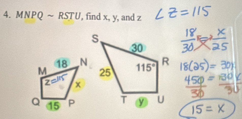 MNPQ ~ RSTU, find x, y, and z