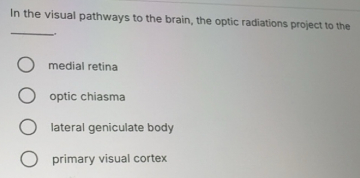 Solved: In the visual pathways to the brain, the optic radiations ...