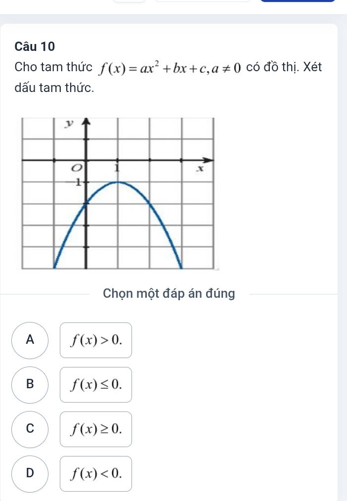 Cho tam thức f(x)=ax^2+bx+c, a!= 0 có đồ thị. Xét
dấu tam thức.
Chọn một đáp án đúng
A f(x)>0.
B f(x)≤ 0.
C f(x)≥ 0.
D f(x)<0</tex>.