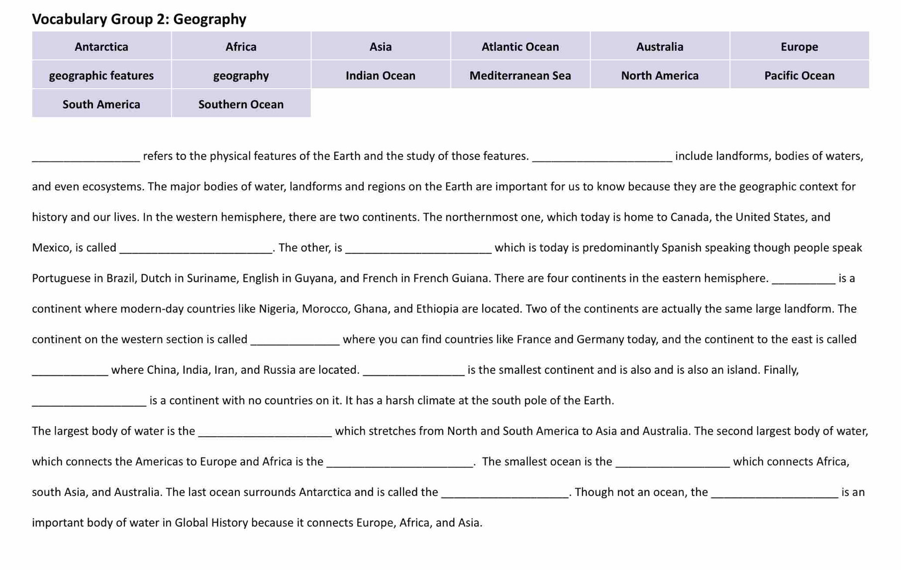 Vocabulary Group 2: Geography 
_refers to the physical features of the Earth and the study of those features. _include landforms, bodies of waters, 
and even ecosystems. The major bodies of water, landforms and regions on the Earth are important for us to know because they are the geographic context for 
history and our lives. In the western hemisphere, there are two continents. The northernmost one, which today is home to Canada, the United States, and 
Mexico, is called _. The other, is _which is today is predominantly Spanish speaking though people speak 
Portuguese in Brazil, Dutch in Suriname, English in Guyana, and French in French Guiana. There are four continents in the eastern hemisphere. _is a 
continent where modern-day countries like Nigeria, Morocco, Ghana, and Ethiopia are located. Two of the continents are actually the same large landform. The 
continent on the western section is called _where you can find countries like France and Germany today, and the continent to the east is called 
_where China, India, Iran, and Russia are located. _is the smallest continent and is also and is also an island. Finally, 
_is a continent with no countries on it. It has a harsh climate at the south pole of the Earth. 
The largest body of water is the_ which stretches from North and South America to Asia and Australia. The second largest body of water, 
which connects the Americas to Europe and Africa is the _. The smallest ocean is the _which connects Africa, 
south Asia, and Australia. The last ocean surrounds Antarctica and is called the_ . Though not an ocean, the _is an 
important body of water in Global History because it connects Europe, Africa, and Asia.