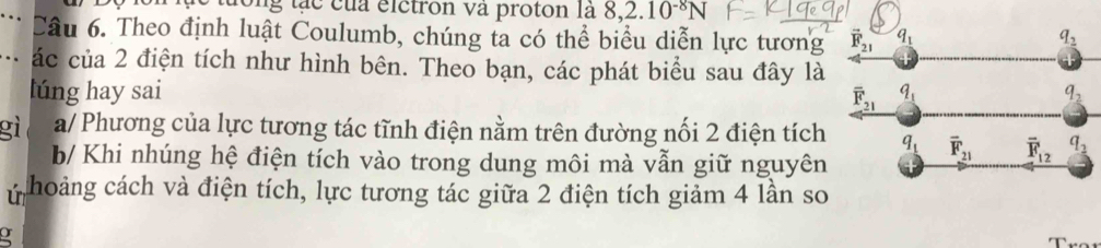 tưong tạc của elctron va proton la 8,2.10^(-8)N
Câu 6. Theo định luật Coulumb, chúng ta có thể biểu diễn lực tương
ác của 2 điện tích như hình bên. Theo bạn, các phát biểu sau đây là
lúng hay sai 
gì a/ Phương của lực tương tác tĩnh điện nằm trên đường nối 2 điện tích
b/ Khi nhúng hệ điện tích vào trong dung môi mà vẫn giữ nguyên
ú hoảng cách và điện tích, lực tương tác giữa 2 điện tích giảm 4 lần so
a