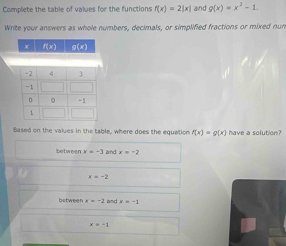 Complete the table of values for the functions f(x)=2|x| and g(x)=x^2-1.
Write your answers as whole numbers, decimals, or simplified fractions or mixed nun
Based on the values in the table, where does the equation f(x)=g(x) have a solution?
between x=-3 and x=-2
x=-2
between x=-2 and x=-1
x=-1