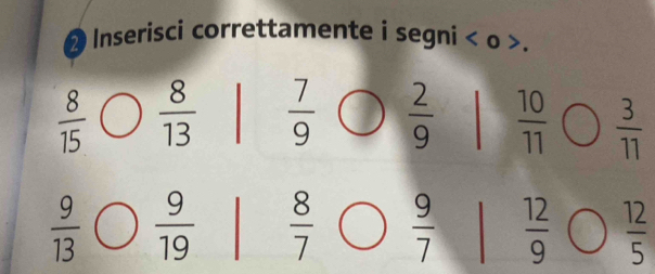 Inserisci correttamente i segni < o >.
 8/15   8/13   7/9   2/9   10/11   3/11 
 9/13   9/19   8/7   9/7   12/9   12/5 