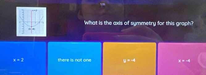 7/35
What is the axis of symmetry for this graph?
x=2 there is not one y=-4 x=-4